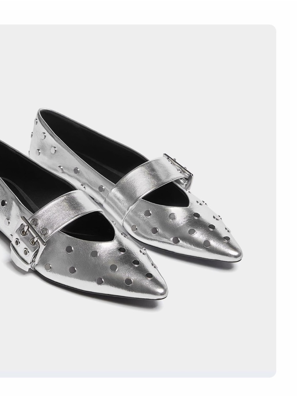 Pointed Toe Silver Mary Jane Flats with Buckle Strap